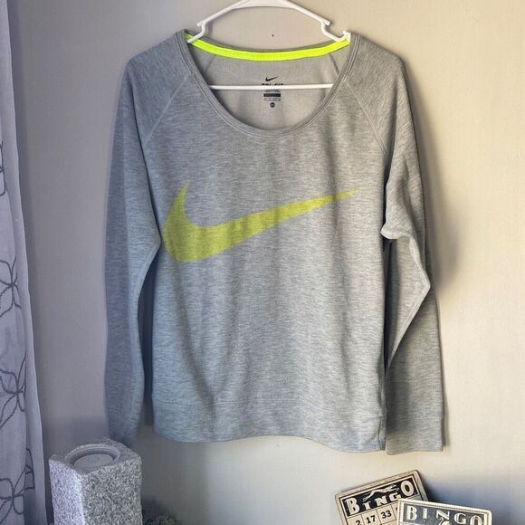 nike crewneck sweatshirt womens size XS gray neon yellow swish lightweight athle - Picture 1 of 5